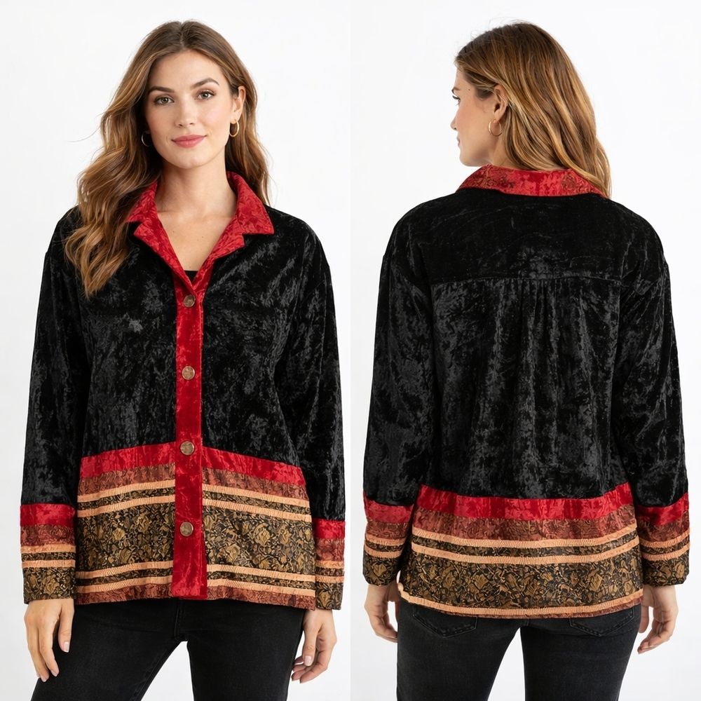 Vintage Coldwater Creek Velvet Patchwork Jacket Womens Medium Black Boho Whimsy
